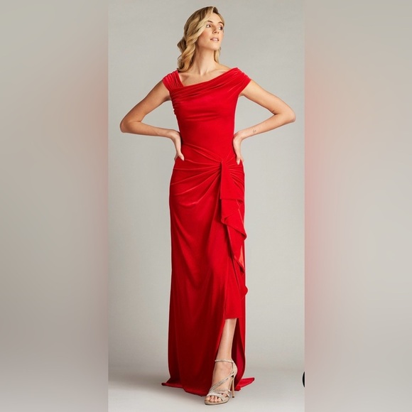 Tadashi Shoji Dresses & Skirts - Tadashi Shoji Cidra Velvet Waterfall Cranberry Red Stretch Gown Large NWT